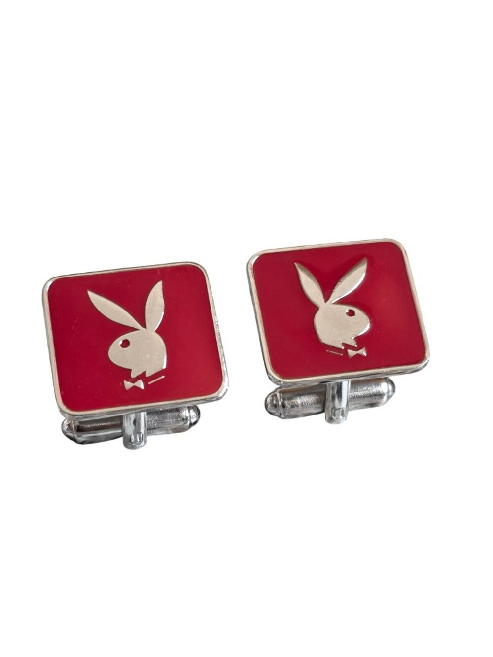 Vtg Playboy Bunny Enamel Red Sliver-tone Square Cufflinks